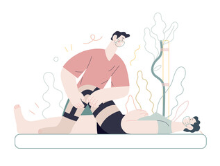 Medical insurance - orthopedic and traumathology -modern flat vector concept digital illustration - an orthopaedist attaching the orthosis to a lying female patient, medical office or laboratory