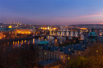 Night Prague City with its Cathedrals, Towers and Bridges in the Christmas Time, Czech Republic