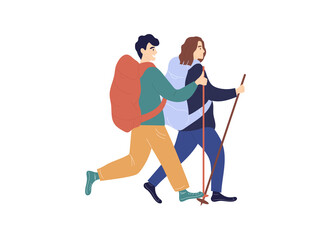 Young caucasian man and woman with backpacks and walking sticks are travelling together. Concept of happy couple travelling, hitchhiking, going on advantures. Flat cartoon vector illustration