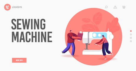 Dressmaker Seamstress Atelier Work Landing Page Template. Tiny Sewers Garment Repair or Creation on Huge Sewing Machine
