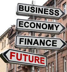 Obraz premium The road indicator on the arrows of which is written - business, economics, finance and FUTURE