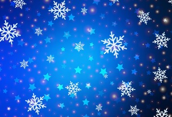 Dark BLUE vector background with xmas snowflakes, stars.