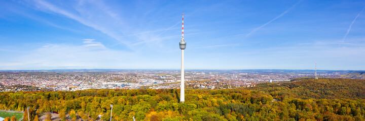 Stuttgart tv tower skyline aerial photo view town architecture panorama - obrazy, fototapety, plakaty