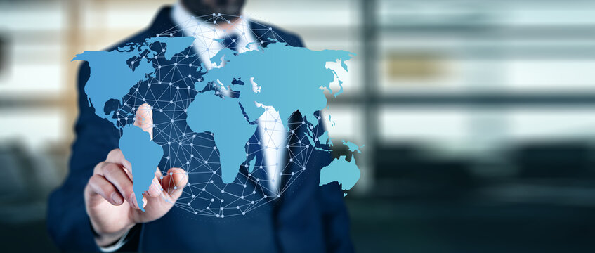 Business Man Touching World Map Screen