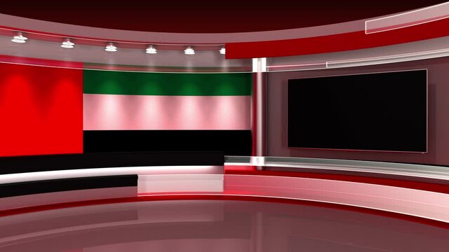 TV studio. Dubai flag studio. Dubai flag background. News studio. The perfect backdrop for any green screen or chroma key video or photo production. 3d render. 3d