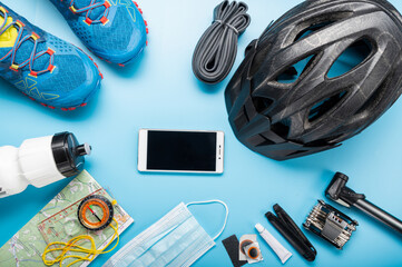 Cyclist equipment. Essential things for cycling. Bicycle helmet and accessories.