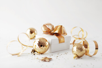 Fototapeta na wymiar Christmas gift box with golden ribbon bow and shiny ornaments