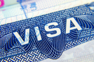 US Visa sticker in a passport. Allows you to enter the United States of America. Business