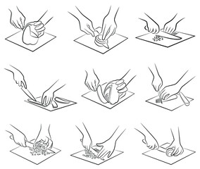 Collection. Processing of vegetables. Slice carrots, cucumber, parsley, cabbage on a kitchen board. The hands of the cook are preparing food. Vector illustration set.