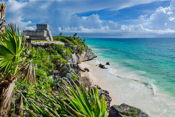 view of tulum maya ruins and tulum coastline - tulum, yucatan, mexico
