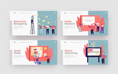 Advertising Placement Landing Page Template Set. Tiny Characters Sticking Papers with Ads and Announcement