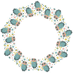 Cartoon round frame of a little cute happy dinosaurs hatching from eggs on a white background. Backdrop of vector isolated baby tyrannosauruses for baby shower invitation, greeting card.