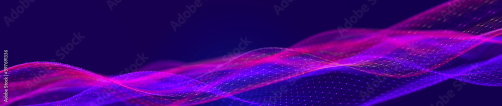 Aufkleber Abstract wave of sound particles. Equalizer for music. Signal transmission. 3d rendering.