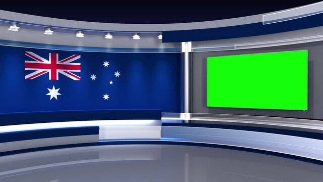 TV studio. Australia. Australian flag studio. Australian flag background. News studio. The perfect backdrop for any green screen or chroma key video or photo production. 3d render. 3d