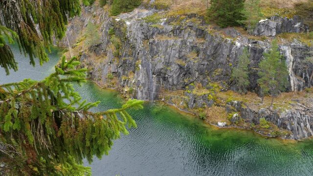 Landmark of Russia. Mountain park Ruskeala at autumn season. Marble canyon in Sortavala region of Republic of Karelia.