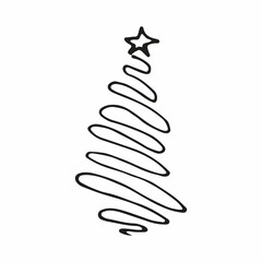 Simple line Christmas New year pine tree with a star on top isolated on white background. Vector hand drawn illustration in sketch doodle. Symbol of winter happy holidays and line art.