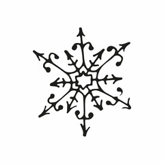 Winter christmas snowflake design isolated on white background. Hand drawn vector illustration in sketch doodle style. Symbol of winter holidays, merry christmas, happy new year, line art.