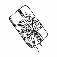 Wrapped gift for merry christmas and happy new year celebrations. Holly european and pine branch and bow. Vector hand drawn illustration in sketch doodle style isolated on white background