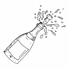 The glass bottle of champagne is opening with splashes. The cork is flying. Vector hand drawn sketch illustration in doodle outline. HAppy new year, merry christmas, holiday celebrating, wish, design.