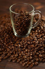 Roasted coffee beans on a wooden table
