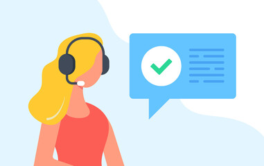 Customer service representative and message with check mark. Technical support, confirmation, solution, call center, online help concepts. Woman with headset. Modern flat design. Vector illustration