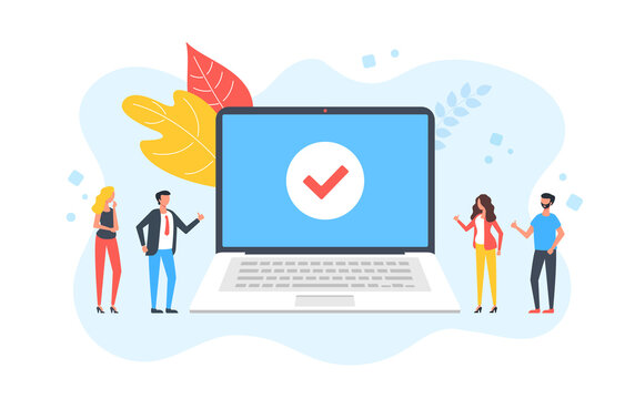 Success. Group of people with thumbs up and laptop with check mark on screen. Task complete, job done, good service concepts. Modern flat design. Vector illustration