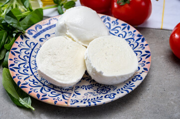 Fresh handmade soft Italian cheese from Campania, white balls of buffalo mozzarella cheese made from cow milk ready to eat