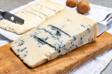 Italian food, buttery or firm blue cheese made from cow milk in Gorgonzola, Milan, Italy