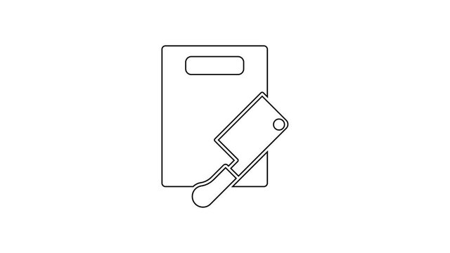 Black line Cutting board and meat chopper icon isolated on white background. Butcher knife. Chopping board symbol. 4K Video motion graphic animation.