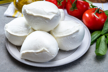 Fresh handmade soft Italian cheese from Campania, white balls of buffalo mozzarella cheese made from cow milk ready to eat