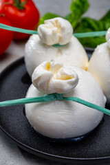 Cheese collection, fresh soft Italian cheese from Puglia, white balls of burrata or burratina cheese made from mozzarella and cream filling