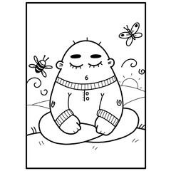 the card is monochrome in a minimalistic style drawn with lines with the image of a funny little man sitting on a watch on a hill and meditating