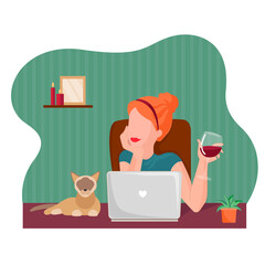Young woman on online dating. Online chatting and drinking red wine with cat. Flat vector illustration for web, landing page, banner. Concept of social media, virtual relationship communication.