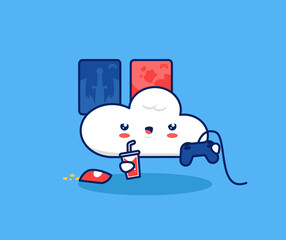 Cute cloud play video games console illustration. Internet cloud gaming game streaming platform technology for gamer concept