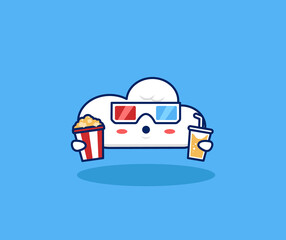 Cute cloud movie lover watching movie with 3d glasses, popcorn, and drink in cinema illustration. Internet cloud movie streaming platform technology for moviegoers concept