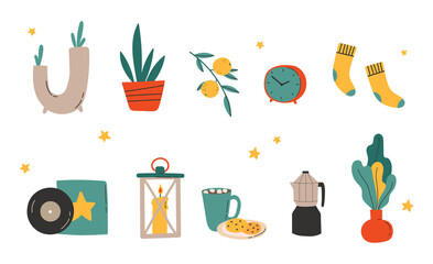 Hygge decor things. Winter holiday decor set. Candle, socks, coffee and xmas home symbols, cartoon vector illustration. Doodle cozy things in scandinavian style. Vector illustration in flat style.