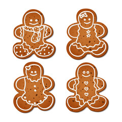 A set of realistic gingerbread men. Delicious winter pastries. Isolated vector objects on a white background. New year and Christmas decor.