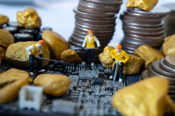 figurine technician team model dig main board for find the gold mineral