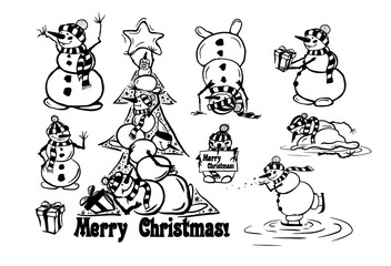 Coloring book for children. A set of cute snowmen. Vector illustration