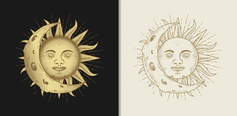 Sun and moon face luxury gold hand drawn engraving style vector illustration.