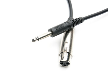 Audio cable with XLR and TRS jack connectors for microphones and professional audio equipment on a white background