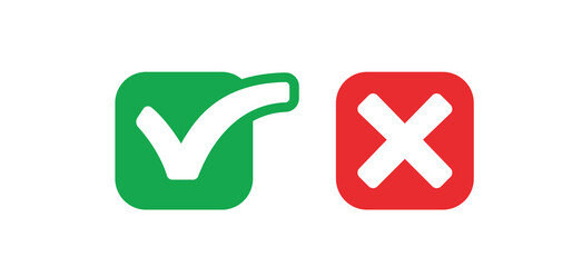 Check mark icons. Green tick and red x. Approval and decline symbols.