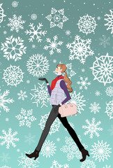 Naklejka na ściany i meble 冬、雪の中を歩くマフラーとダウンジャケットを着た女性のイラスト