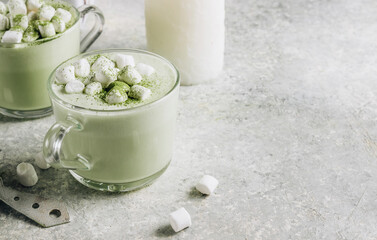 Homemade Matcha latte, green tea with coconut milk and marshmallow on concrete background.