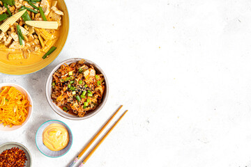 Asian food on painted background, Close up photo of dishes for restaurants with Japanese Chinese and Thai food with native space 