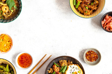 Asian food on painted background, Close up photo of dishes for restaurants with Japanese Chinese and Thai food with native space 