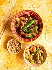 Asian food on painted background, Close up photo of dishes for restaurants with Japanese Chinese and Thai food with native space 