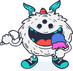 A cute monster vector graphic illustration holding an ice cream, perfect for cold drink wallpapers, ice cream mascot drawings, cute children's book drawings, etc.