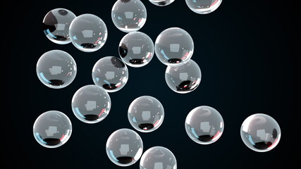 Many falling glass balls, computer generated. 3d render of crystal fragile background