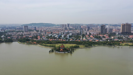 top view of the lake in the Park. Mountain Shunfengshan Park, Foshan City, China